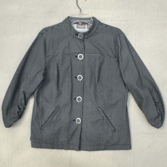 Chicos Black & White Button-Up Jacket Geometric Pattern Ruche Sleeve & Pockets 2 - Picture 1 of 13